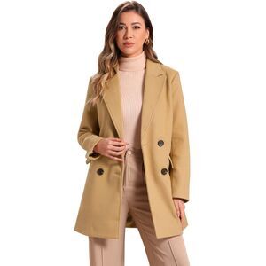 Notch Lapel Double Breasted Belted Mid Long Outwear Winter Coat Khaki